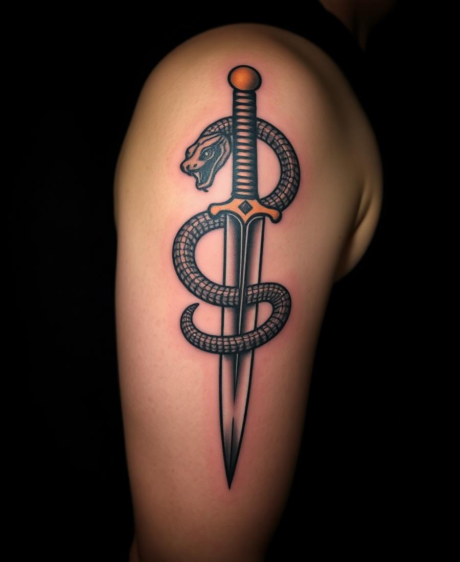 Snake & Dagger tattoo by Bianca — Neo-traditional · upper arm