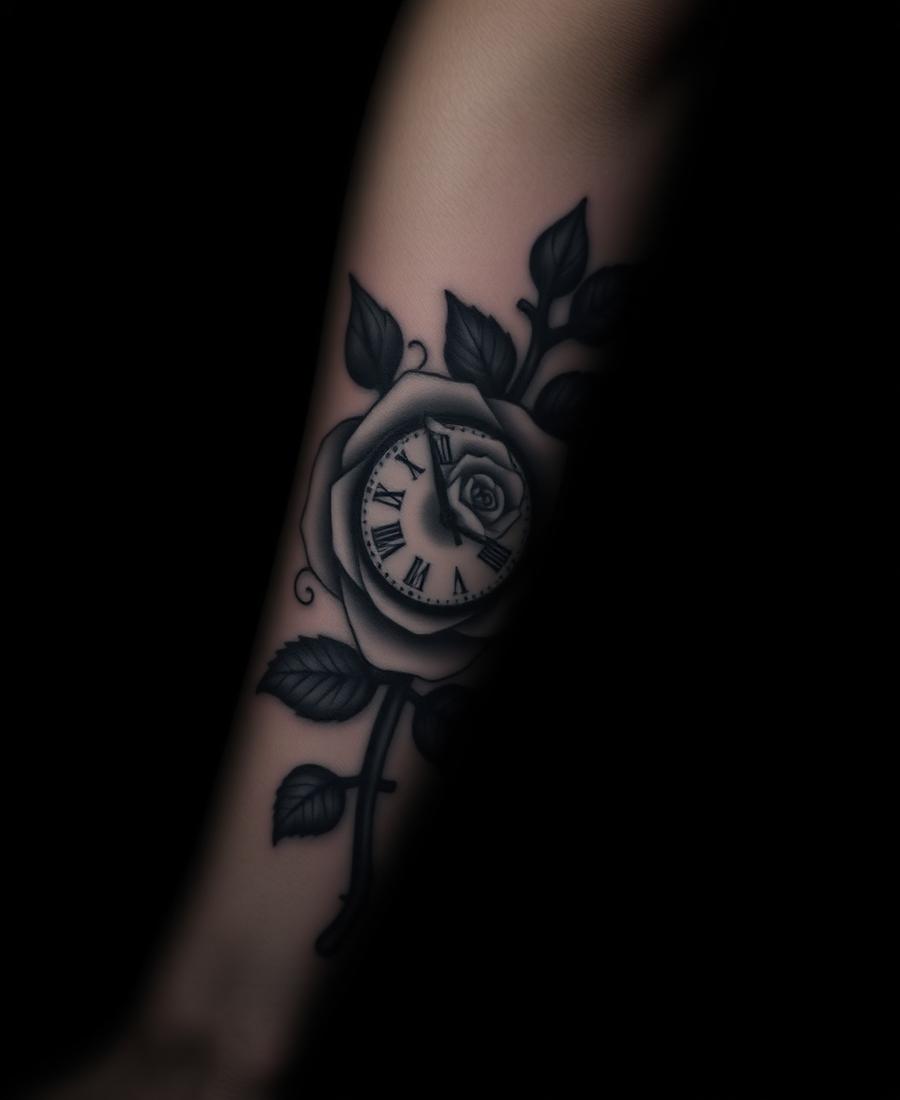 Rose Clock tattoo by Bianca — Black & grey · forearm